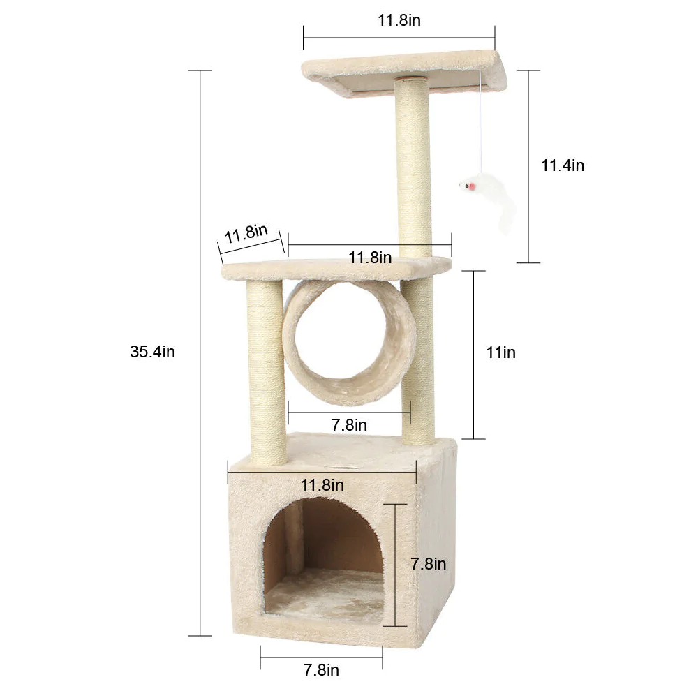 A multi-level Cat Tree House Tower featuring scratching posts, resting areas, and a toy mouse, designed for playful and comfortable cat lounging.