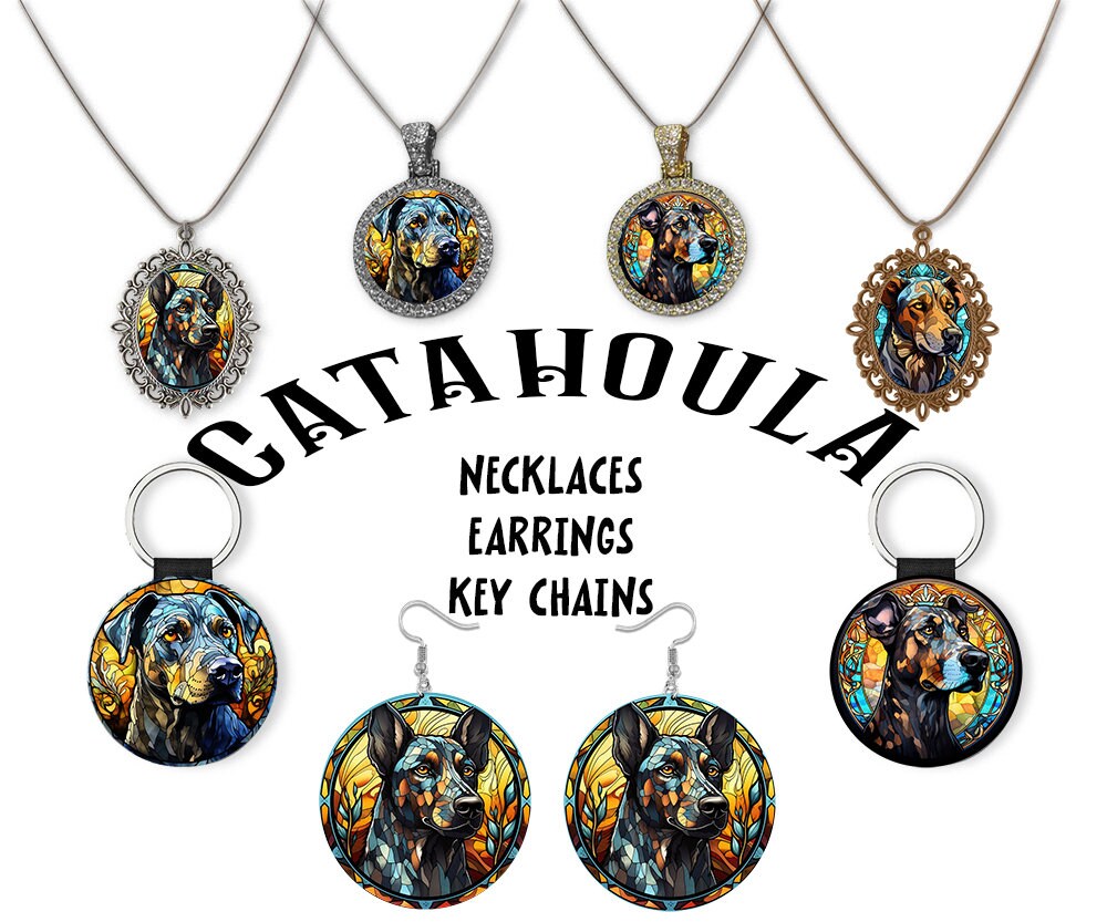 Stained glass style jewelry featuring Catahoula designs, including necklaces and earrings in silver and gold.