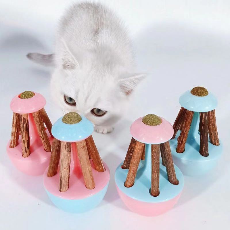 A colorful assortment of catnip toys designed for playful cats, featuring various shapes and textures.