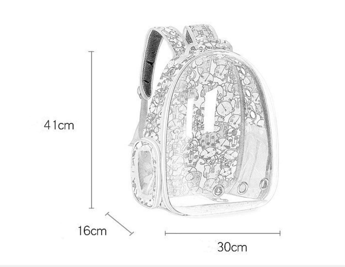 Cats and Dogs backpack featuring a transparent design, durable material, and ventilation holes for pet comfort during travel.