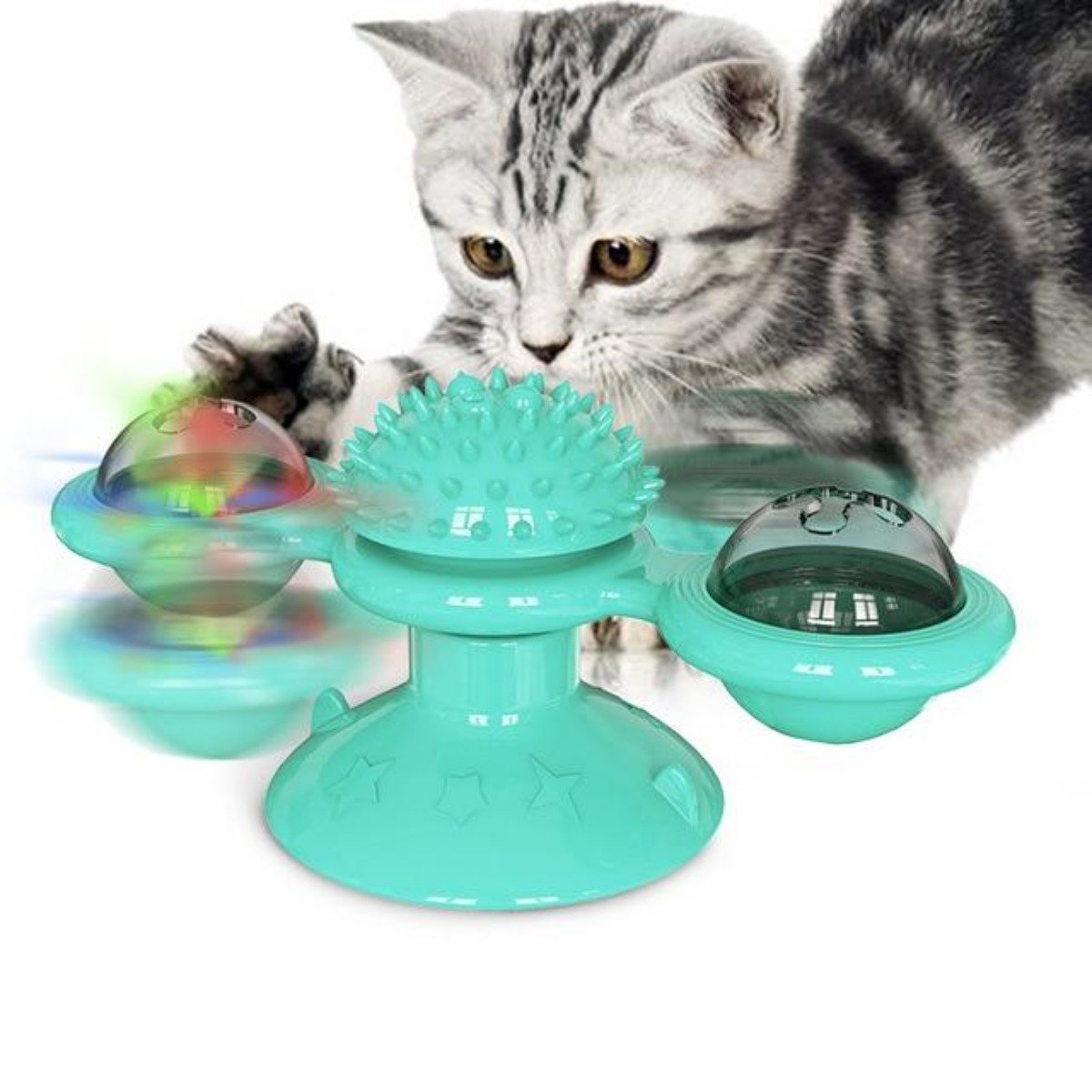Cats Whirling LED Balls toy with a colorful windmill design, featuring a suction cup base and interactive elements for feline play.