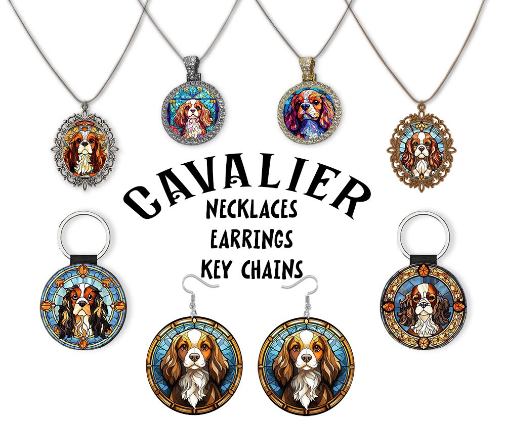 Stained glass style necklace featuring a Cavalier King Charles Spaniel design, showcasing vibrant colors and intricate details.