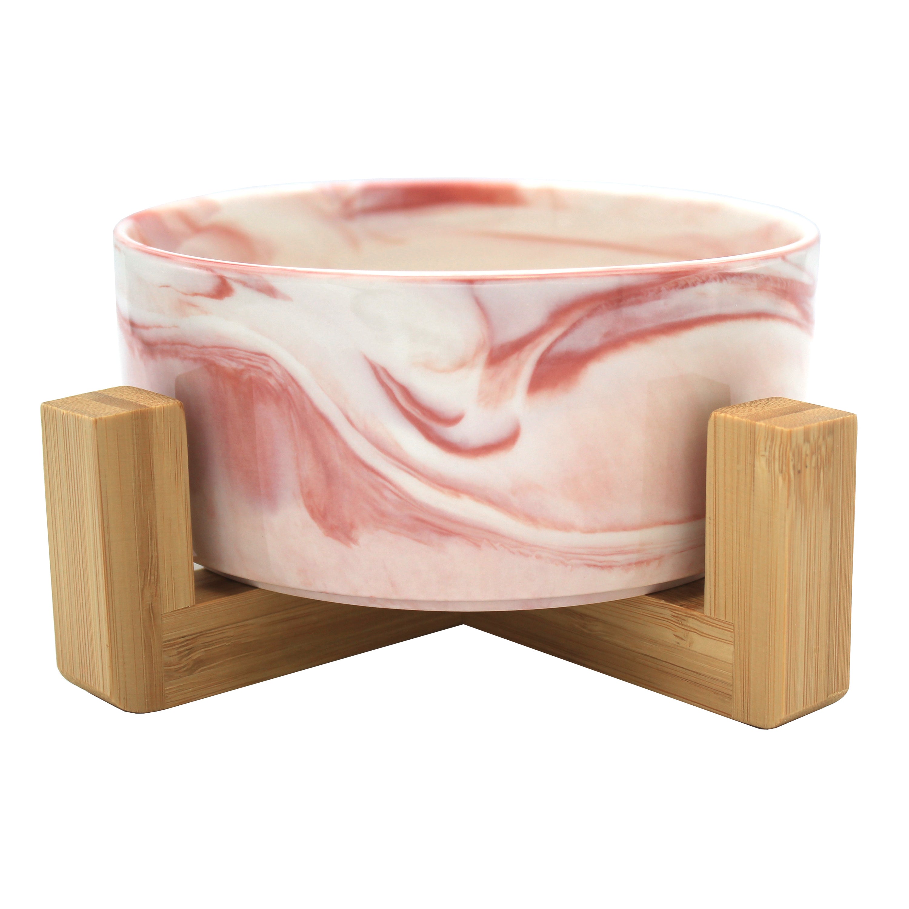 Ceramic bowl with bamboo stand designed for dogs and cats, featuring a stylish and stable design in vibrant colors.