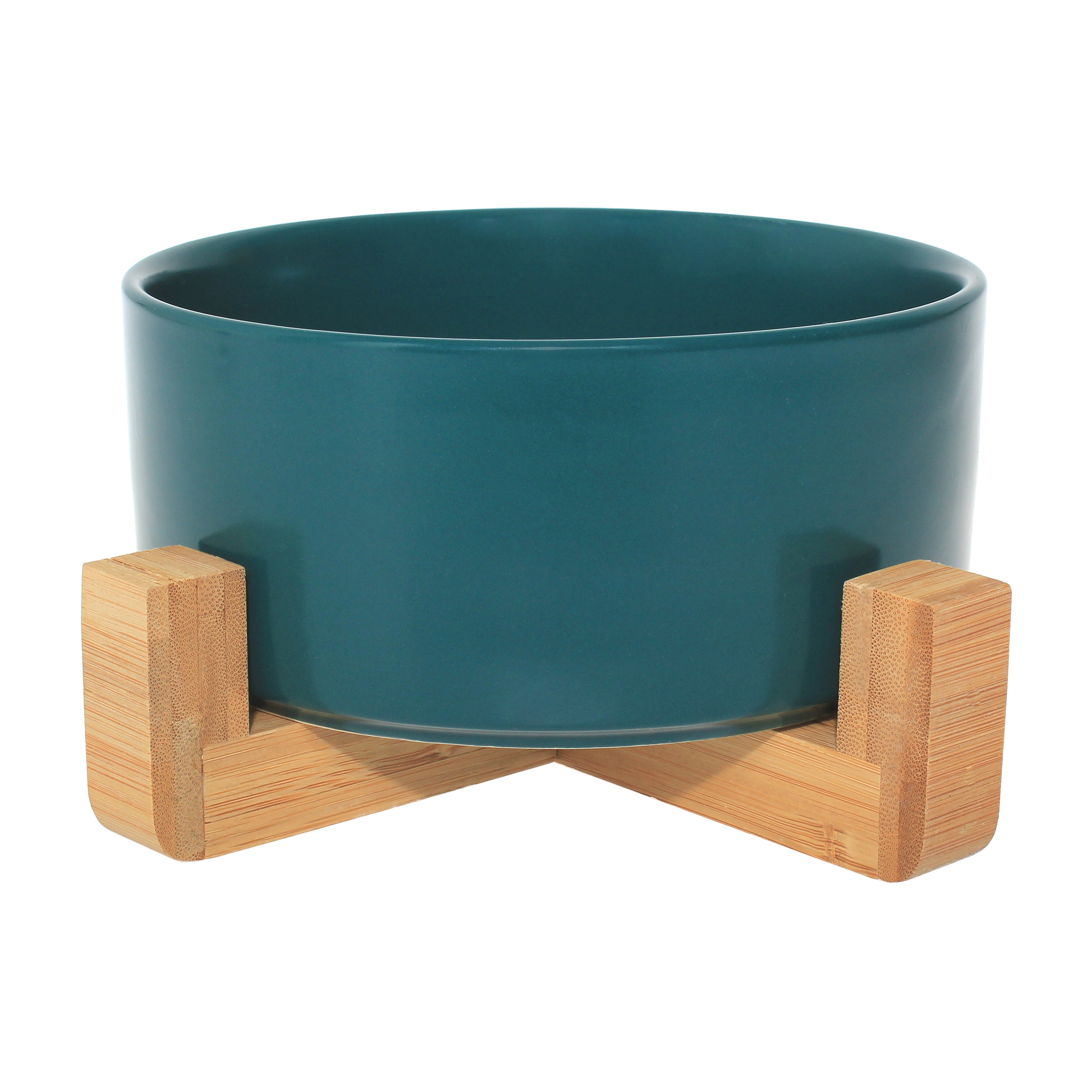 Ceramic bowl with bamboo stand designed for dogs and cats, featuring a stylish and stable design in vibrant colors.