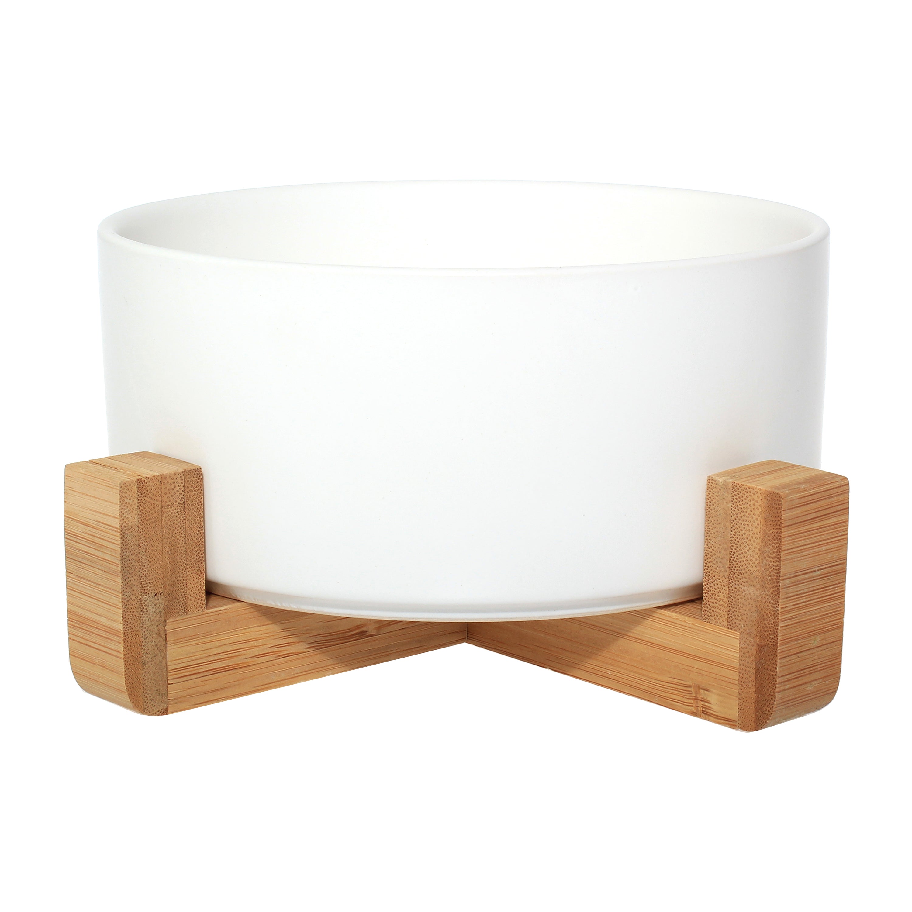 Ceramic bowl with bamboo stand designed for dogs and cats, featuring a stylish and stable design in vibrant colors.