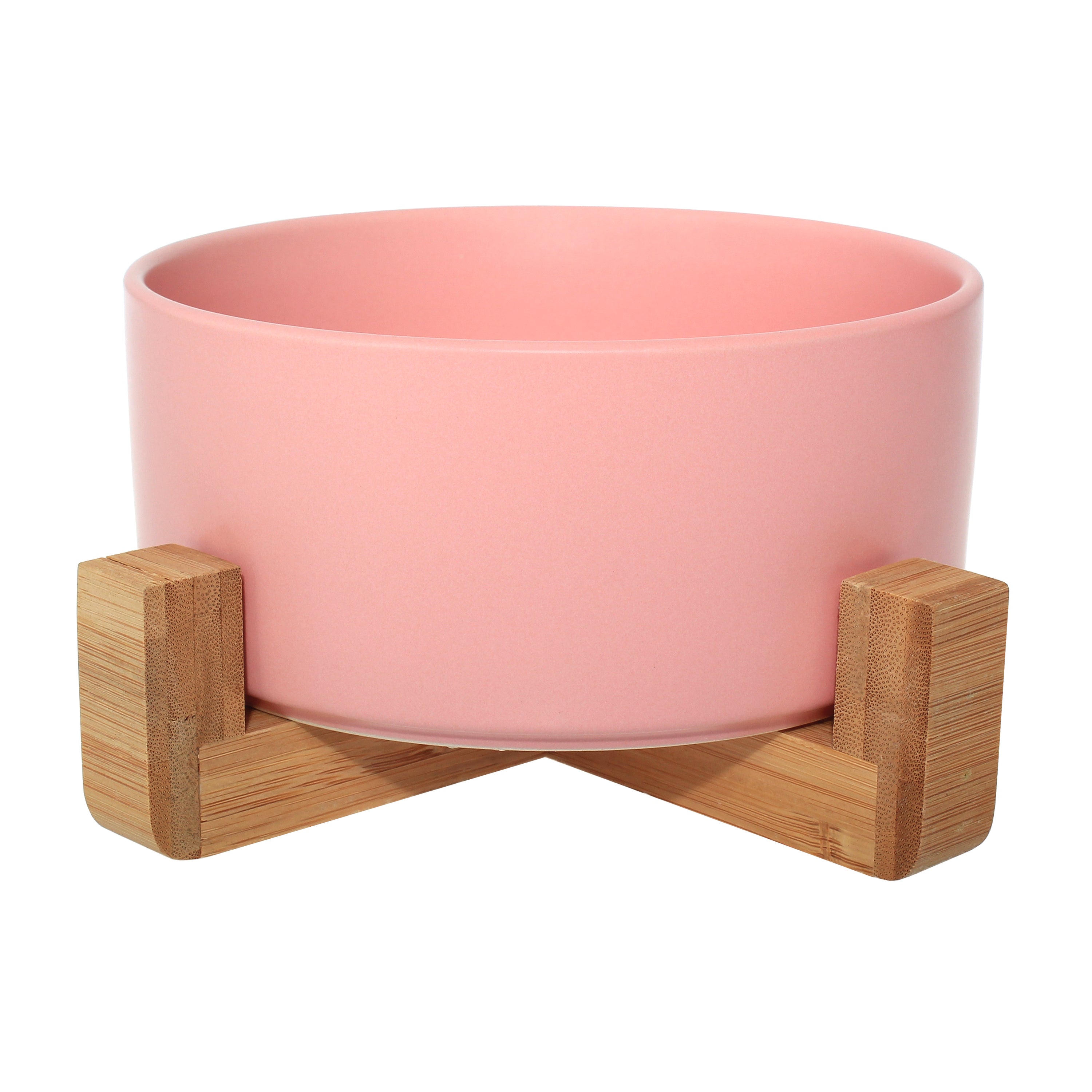 Ceramic bowl with bamboo stand designed for dogs and cats, featuring a stylish and stable design in vibrant colors.
