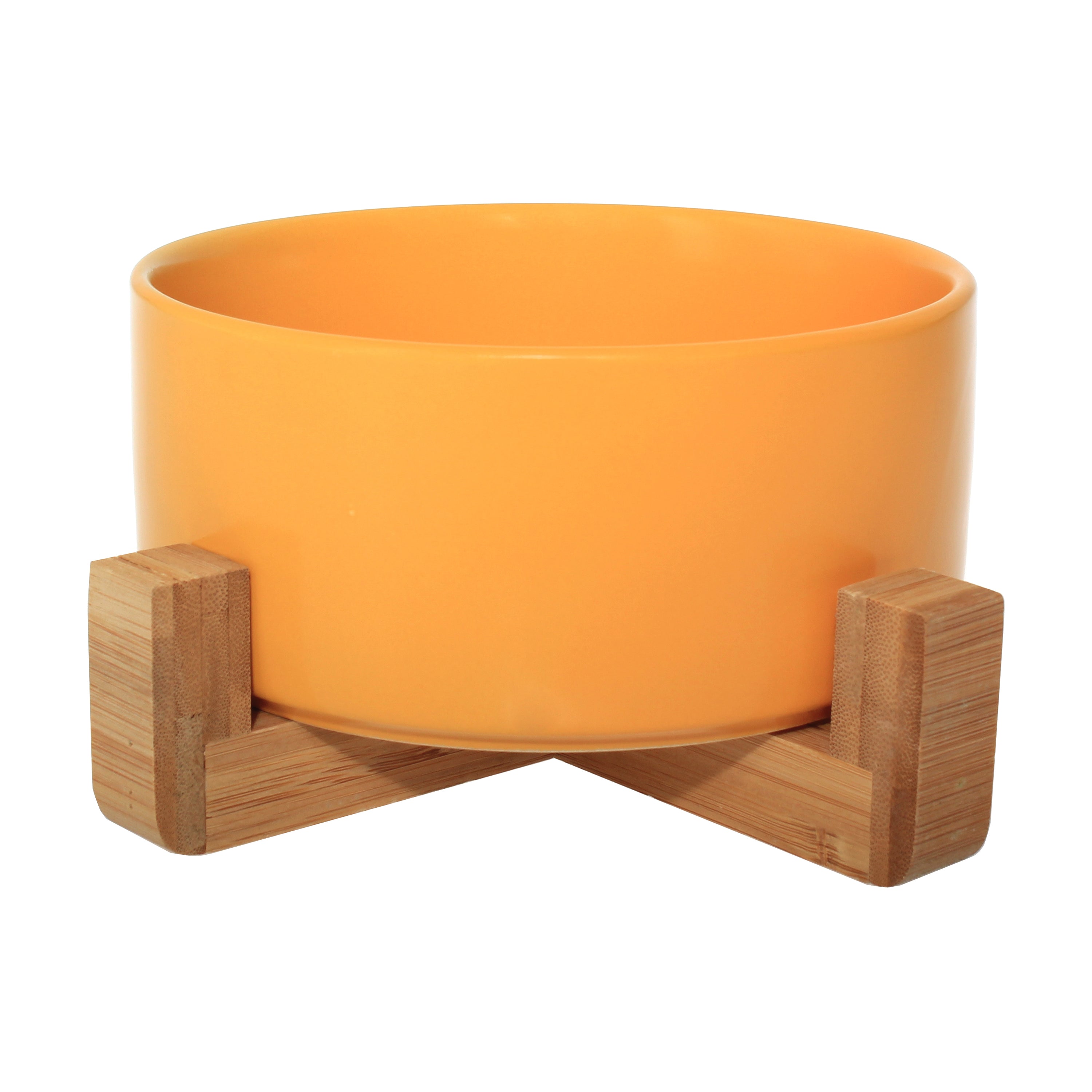 Ceramic bowl with bamboo stand designed for dogs and cats, featuring a stylish and stable design in vibrant colors.