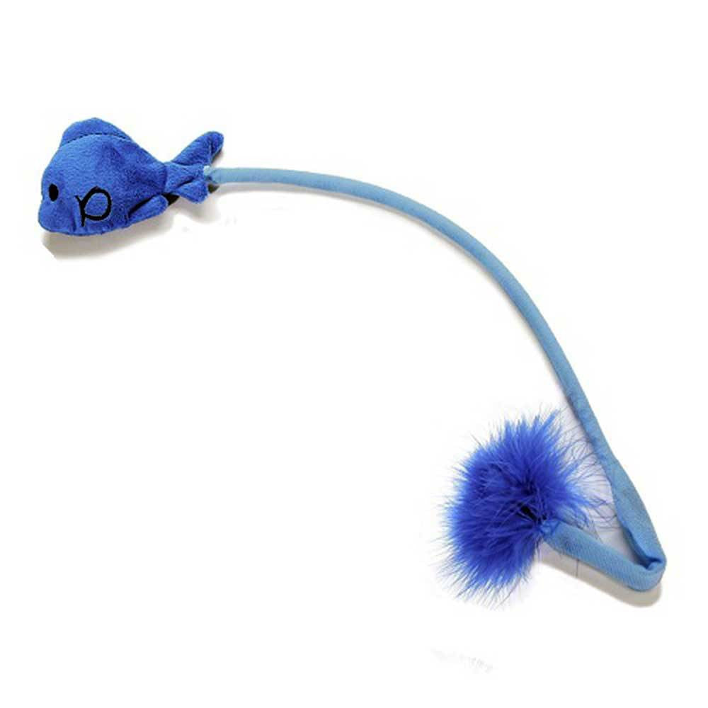 Charming Pets SnapCat Collection Blue Fish toy featuring a plush body and snapping feather end, designed for interactive cat play.