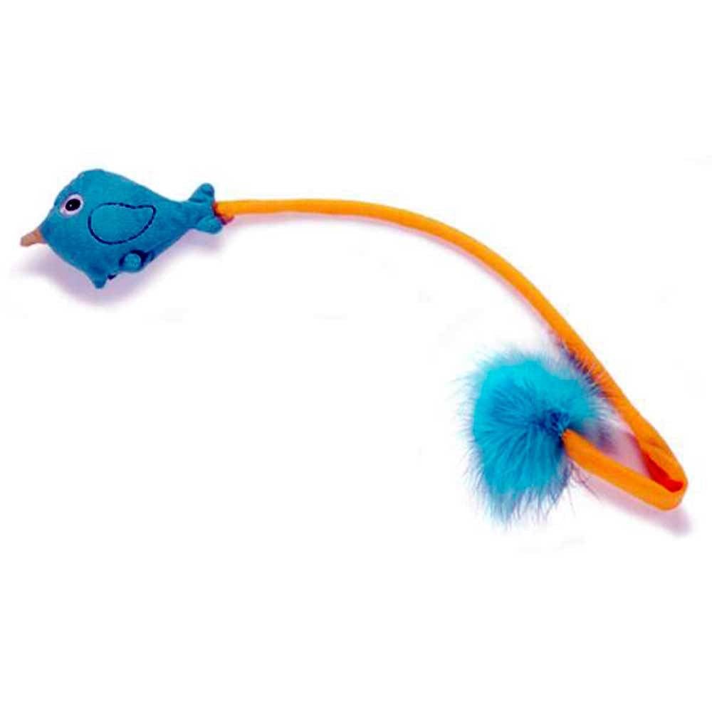 Charming Pet SnapCat Teal Bird toy featuring a plush body and real feathers, designed for interactive play with cats.