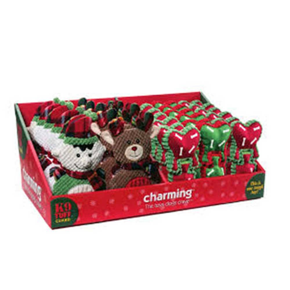 Charming Pets Christmas PDQ Dog Toys featuring colorful bones and interactive peek-a-boo design, perfect for festive playtime.