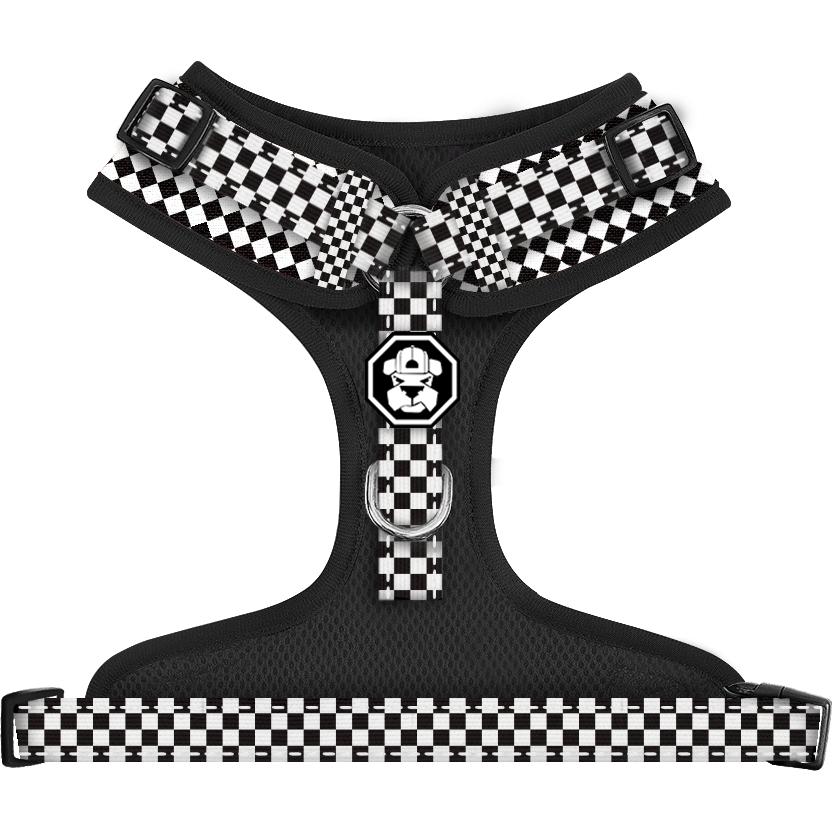 Checkerboard Adjustable Mesh Harness for dogs, featuring breathable mesh fabric, neoprene padding, and reflective tape for safety.