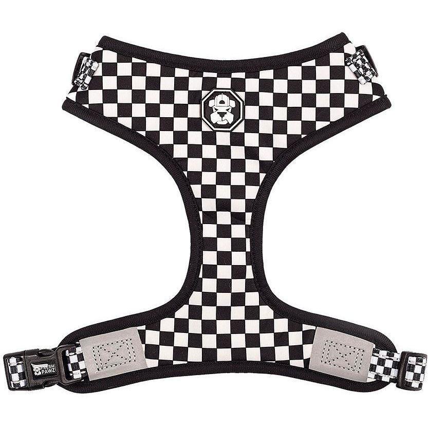 Checkerboard Adjustable Mesh Harness for dogs, featuring breathable mesh fabric, neoprene padding, and reflective tape for safety.
