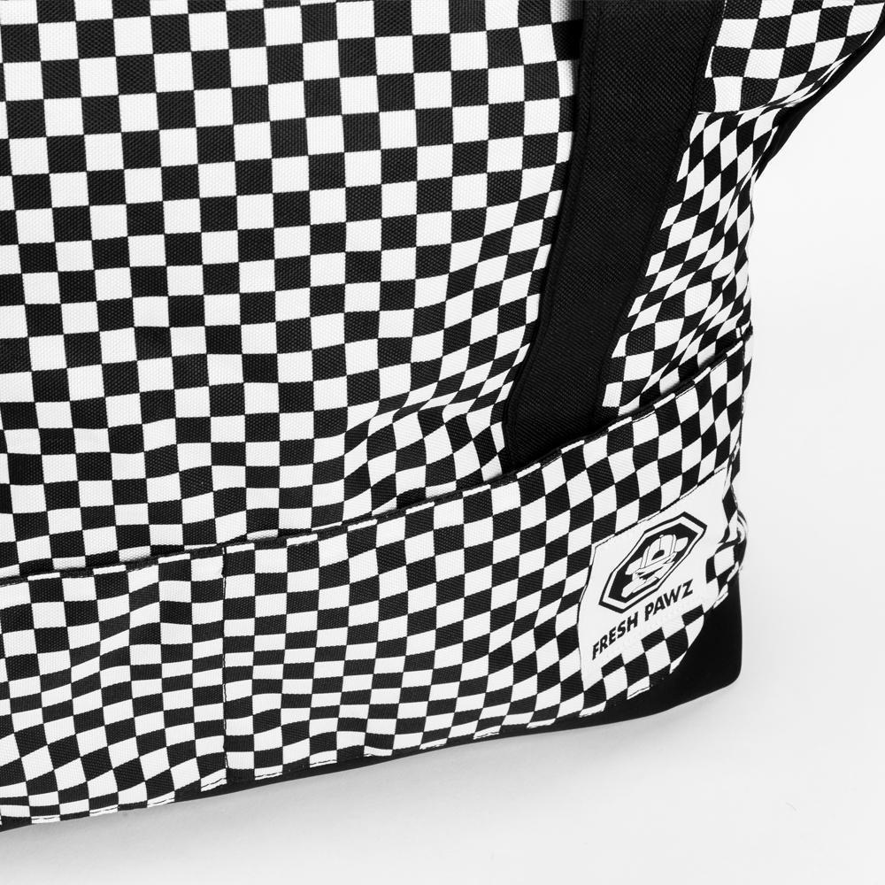 Checkerboard Carrier Bag by Fresh Pawz featuring a stylish checkerboard pattern, weather-resistant material, and multiple pockets for convenience.