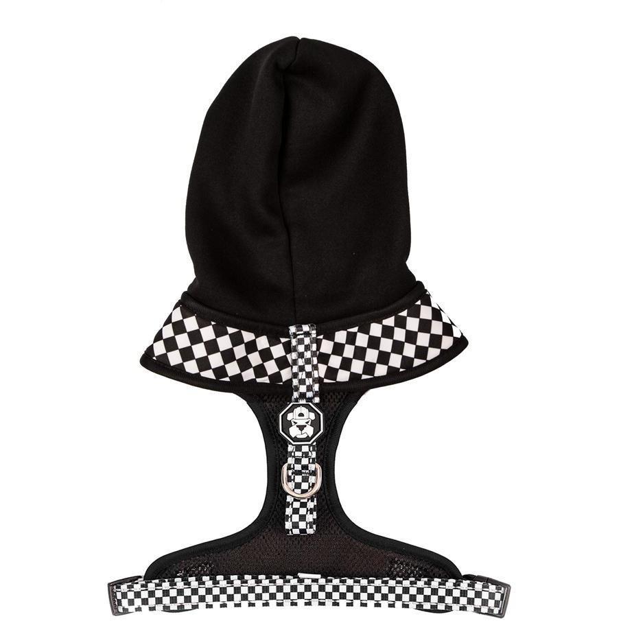 Checkerboard Hoodie Harness for dogs, featuring a stylish design, hood, and reflective strips for safety.