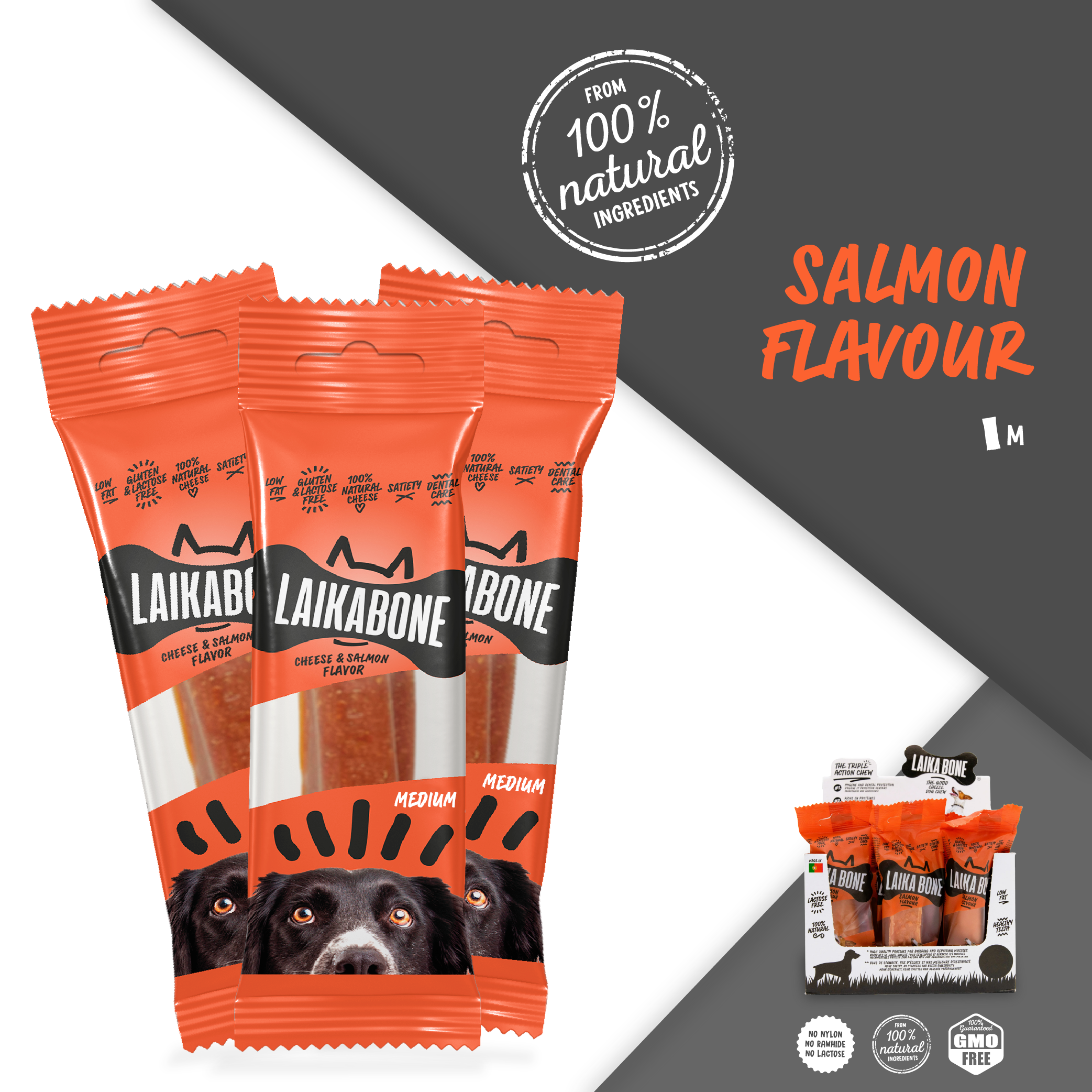 LAIKA BONE Cheese & Salmon box featuring natural, lactose-free cheese chews for dogs, rich in protein and calcium.