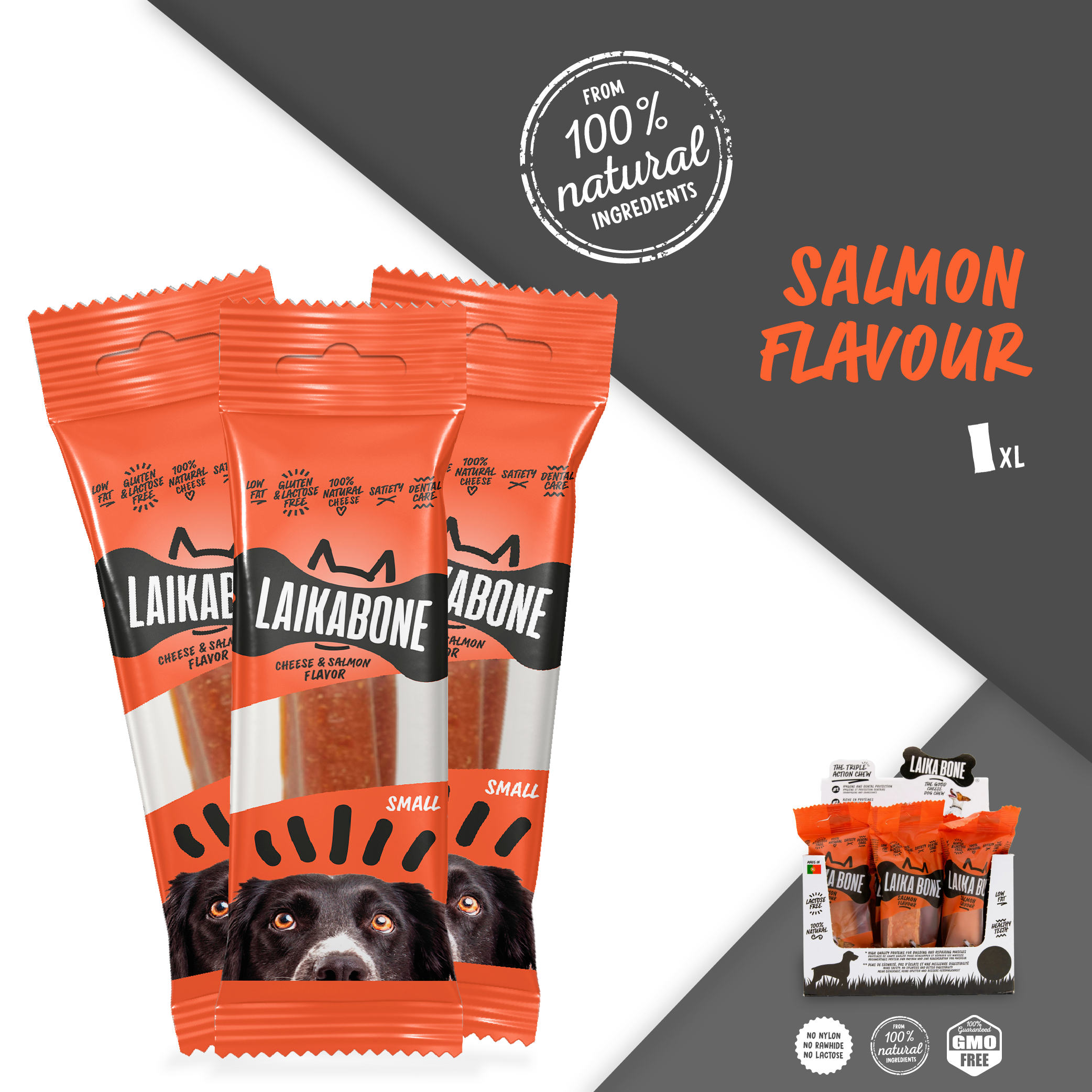LAIKA BONE Cheese & Salmon box featuring natural, lactose-free cheese chews for dogs, rich in protein and calcium.