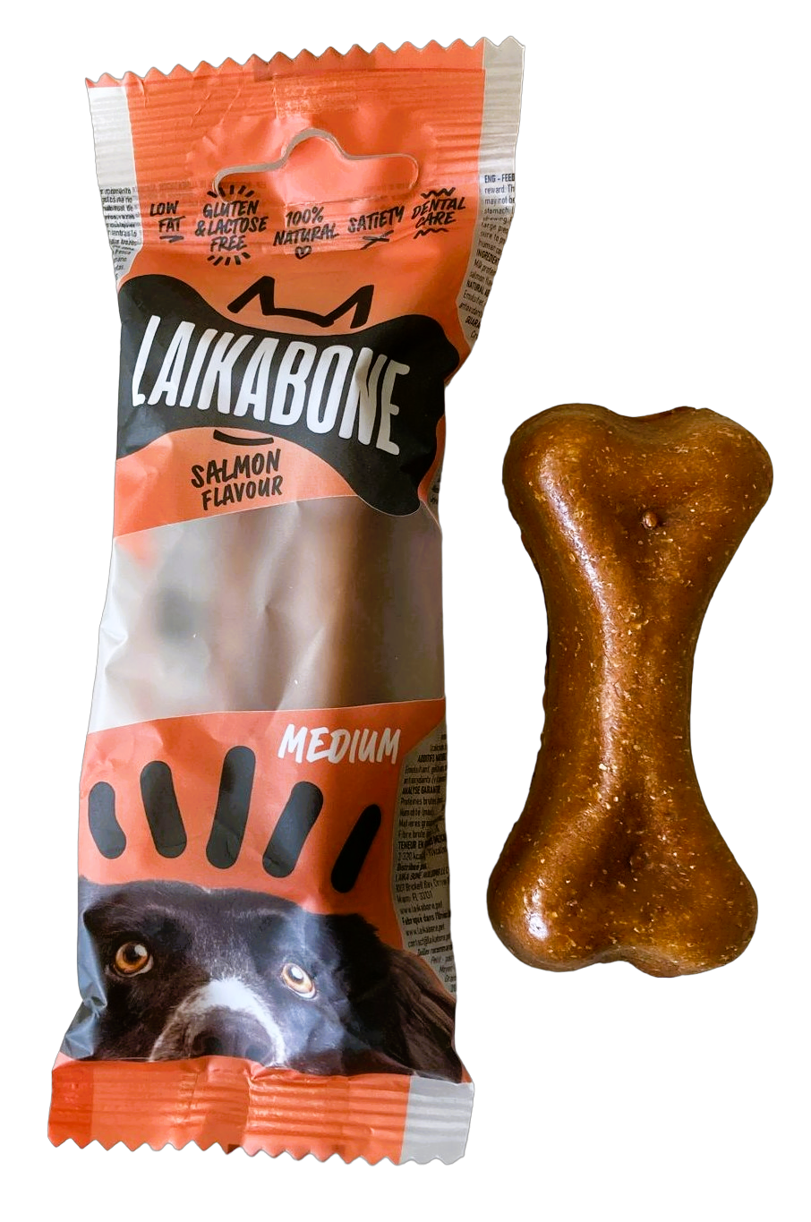 LAIKA BONE Cheese & Salmon box featuring natural, lactose-free cheese chews for dogs, rich in protein and calcium.