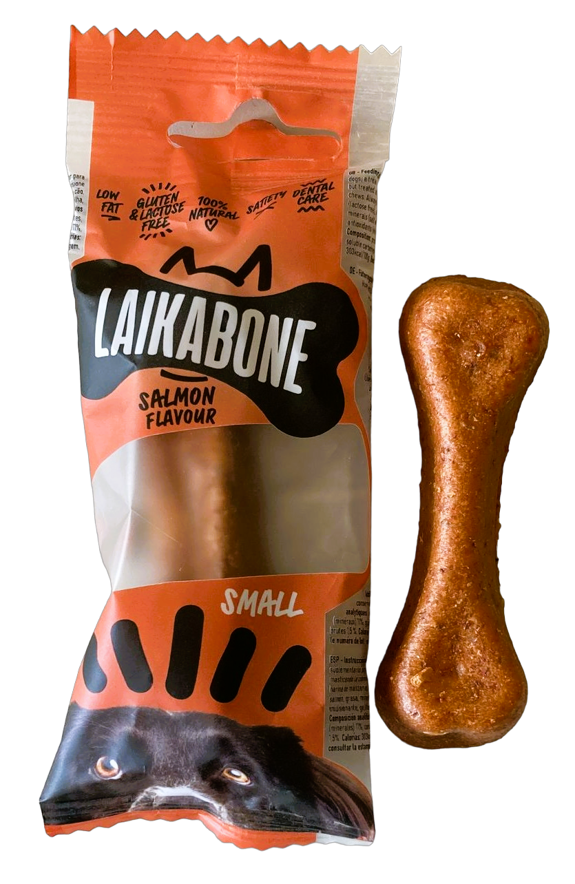 LAIKA BONE Cheese & Salmon box featuring natural, lactose-free cheese chews for dogs, rich in protein and calcium.