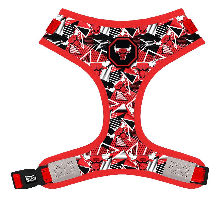 Chicago Bulls x Fresh Pawz adjustable mesh harness featuring the Chicago Bulls logo, designed for pet comfort and style.