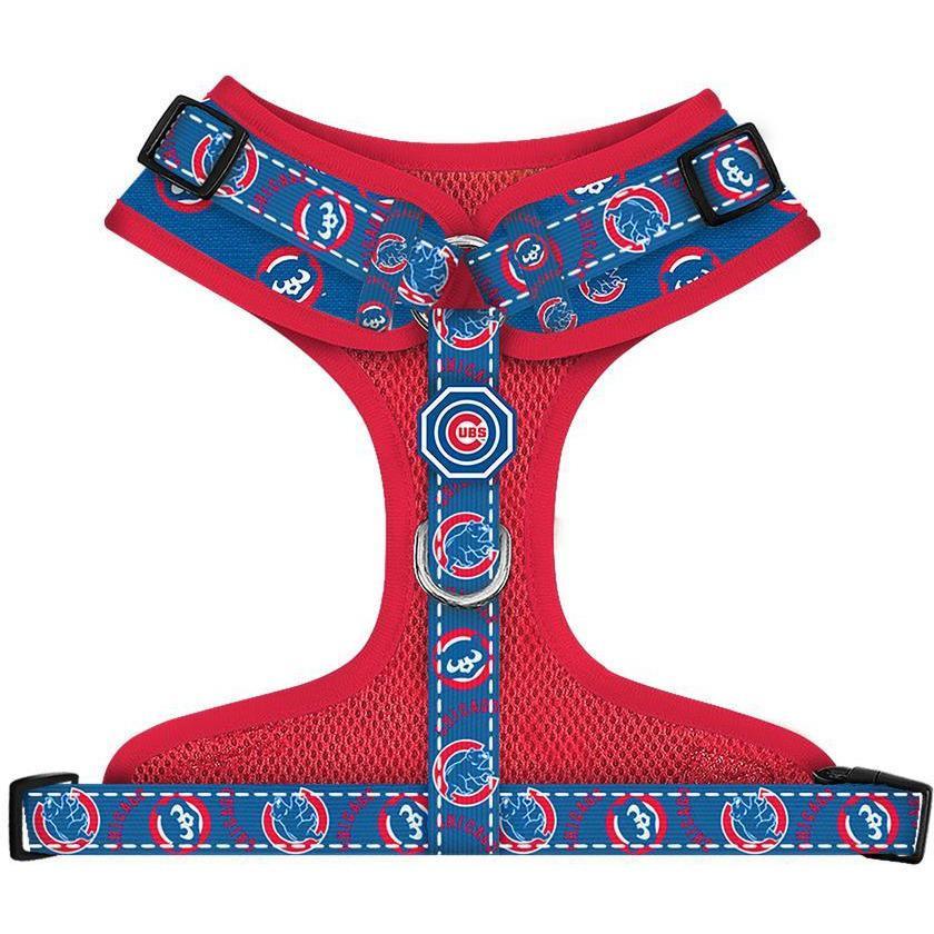 Chicago Cubs Adjustable Mesh Harness featuring breathable mesh, neoprene padding, and reflective stitching, designed for comfort and safety.