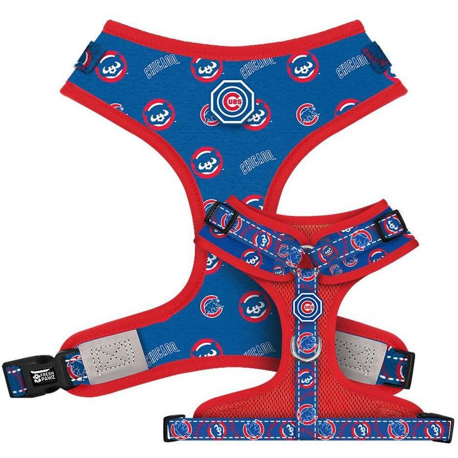 Chicago Cubs Adjustable Mesh Harness featuring breathable mesh, neoprene padding, and reflective stitching, designed for comfort and safety.