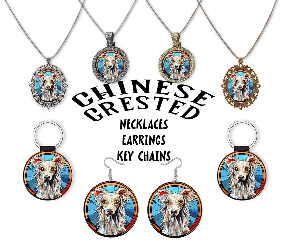 Stained glass style jewelry featuring the Chinese Crested breed, showcasing vibrant colors and intricate designs on silver and gold settings.