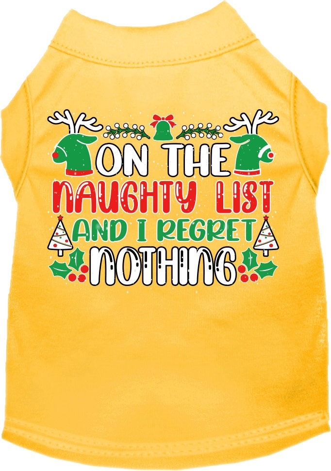 A festive Christmas shirt for pets featuring the phrase 'On The Naughty List And I Regret Nothing', designed for both cats and dogs.