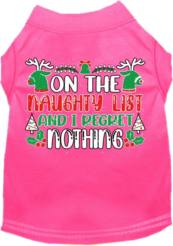 A festive Christmas shirt for pets featuring the phrase 'On The Naughty List And I Regret Nothing', designed for both cats and dogs.