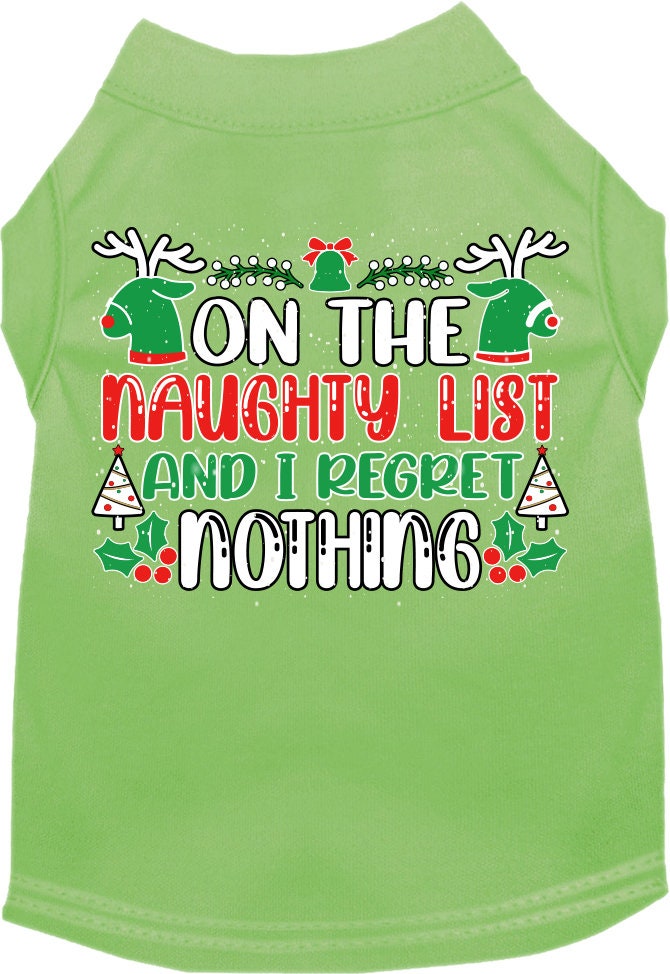 A festive Christmas shirt for pets featuring the phrase 'On The Naughty List And I Regret Nothing', designed for both cats and dogs.
