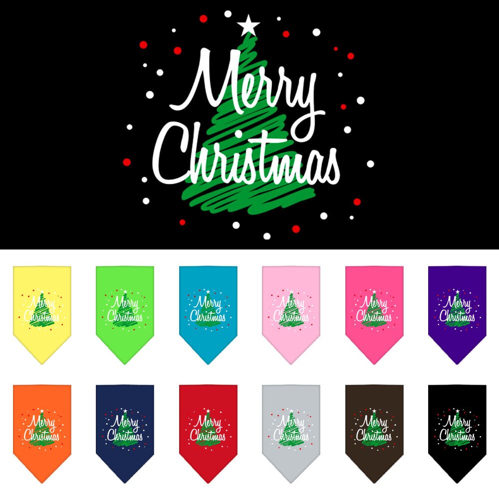 A festive Christmas dog bandana featuring a screen-printed 'Scribble Merry Christmas' design, available in various colors and sizes.