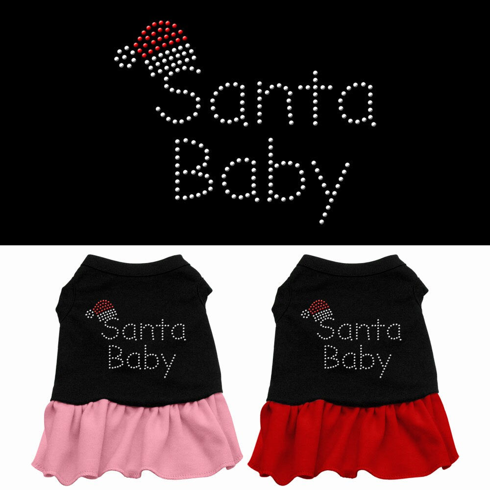 A festive Christmas Dog Dress named 'Santa Baby' featuring rhinestone studs, suitable for dogs of various sizes.