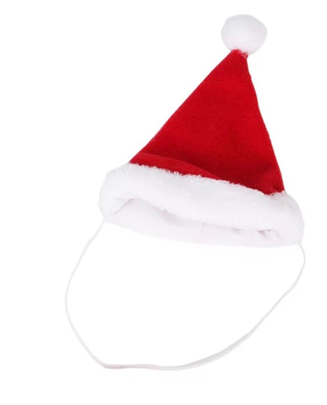 A festive Christmas hat designed for cats, featuring soft fleece material and a comfortable fit, perfect for holiday celebrations.