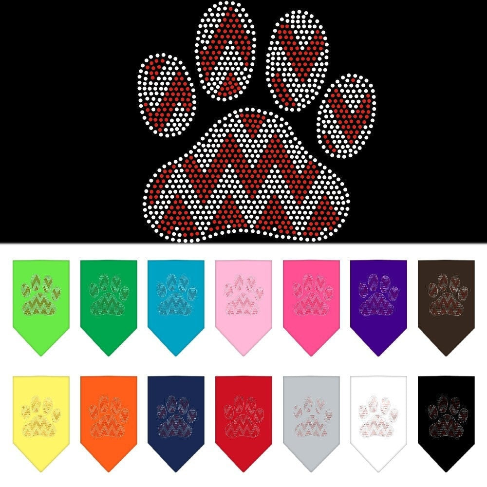 Christmas Pet and Dog Bandana with Candy Cane Chevron Paw design, featuring rhinestones for added sparkle, available in small and large sizes.