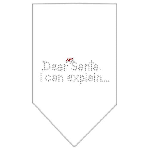 A festive Christmas pet bandana with rhinestones, featuring the phrase 'Dear Santa, I Can Explain', designed for dogs in a vibrant holiday theme.