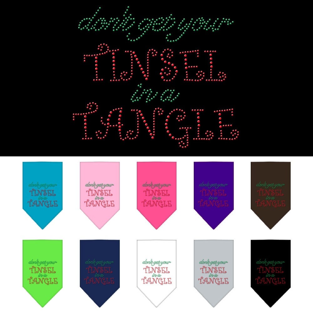 Christmas Pet and Dog Bandana with rhinestones featuring the phrase 'Don't Get Your Tinsel In A Tangle', designed for festive occasions.