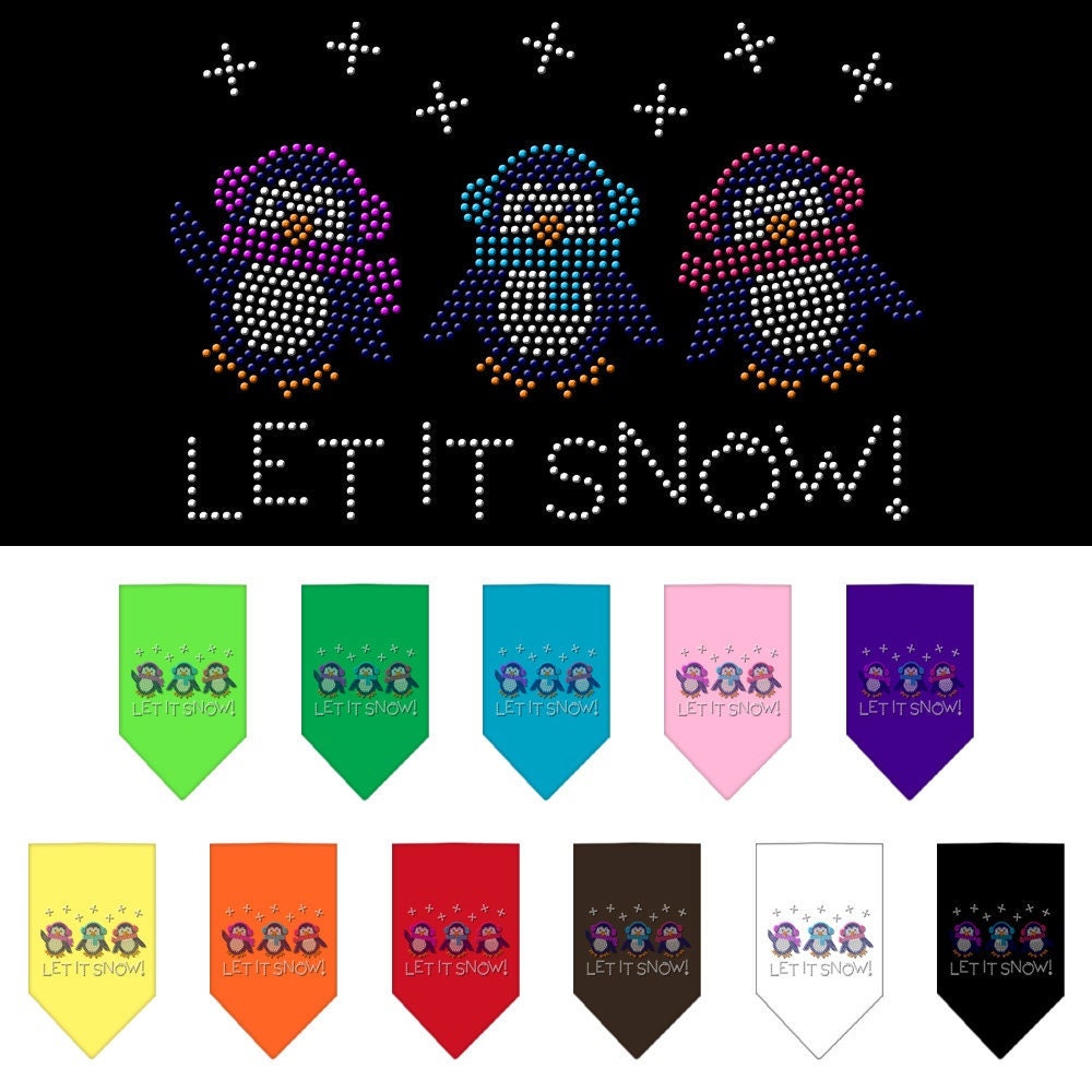 Christmas pet bandana featuring rhinestone 'Let It Snow Penguins' design, perfect for festive occasions.