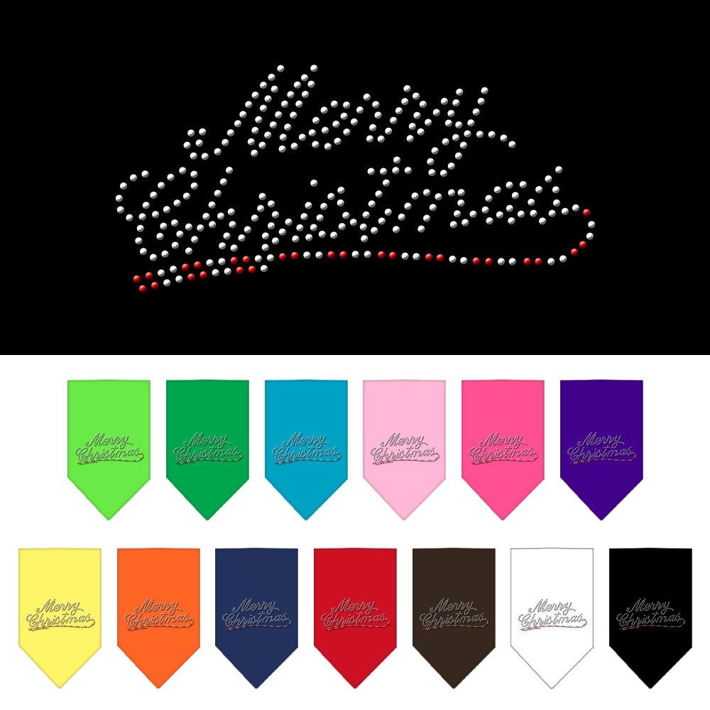 A festive Christmas dog bandana featuring rhinestones and the text 'Merry Christmas', designed for stylish holiday celebrations.