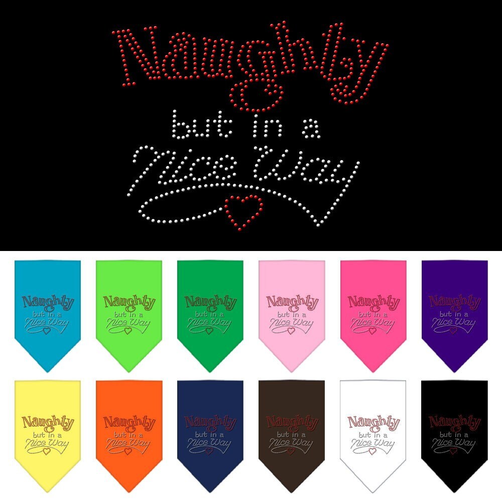A festive Christmas pet bandana featuring rhinestones and the phrase 'Naughty, But In A Nice Way', designed for dogs.