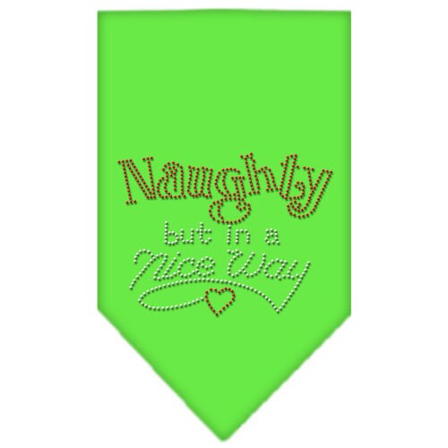 A festive Christmas pet bandana featuring rhinestones and the phrase 'Naughty, But In A Nice Way', designed for dogs.