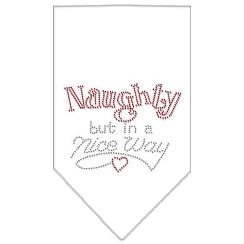 A festive Christmas pet bandana featuring rhinestones and the phrase 'Naughty, But In A Nice Way', designed for dogs.