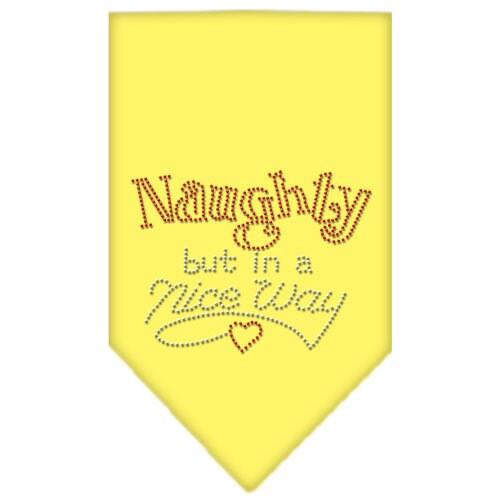 A festive Christmas pet bandana featuring rhinestones and the phrase 'Naughty, But In A Nice Way', designed for dogs.