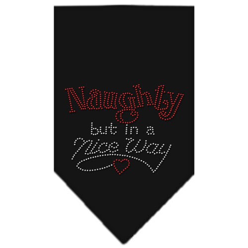 A festive Christmas pet bandana featuring rhinestones and the phrase 'Naughty, But In A Nice Way', designed for dogs.