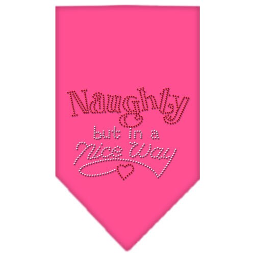 A festive Christmas pet bandana featuring rhinestones and the phrase 'Naughty, But In A Nice Way', designed for dogs.