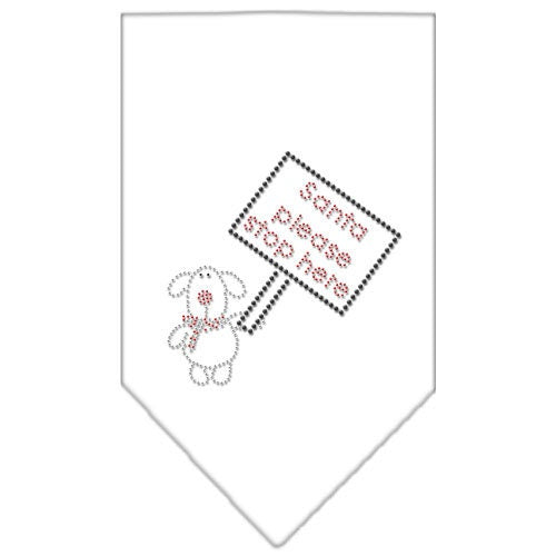 A festive Christmas pet bandana with rhinestones, featuring the phrase 'Santa, Please Stop Here', designed for dogs of all sizes.
