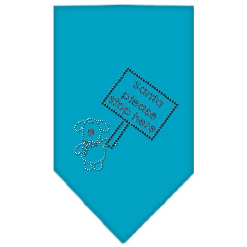 A festive Christmas pet bandana with rhinestones, featuring the phrase 'Santa, Please Stop Here', designed for dogs of all sizes.