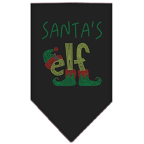 A festive Christmas pet bandana featuring rhinestones with the design 'Santa's Elf', perfect for holiday celebrations.