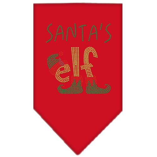 A festive Christmas pet bandana featuring rhinestones with the design 'Santa's Elf', perfect for holiday celebrations.