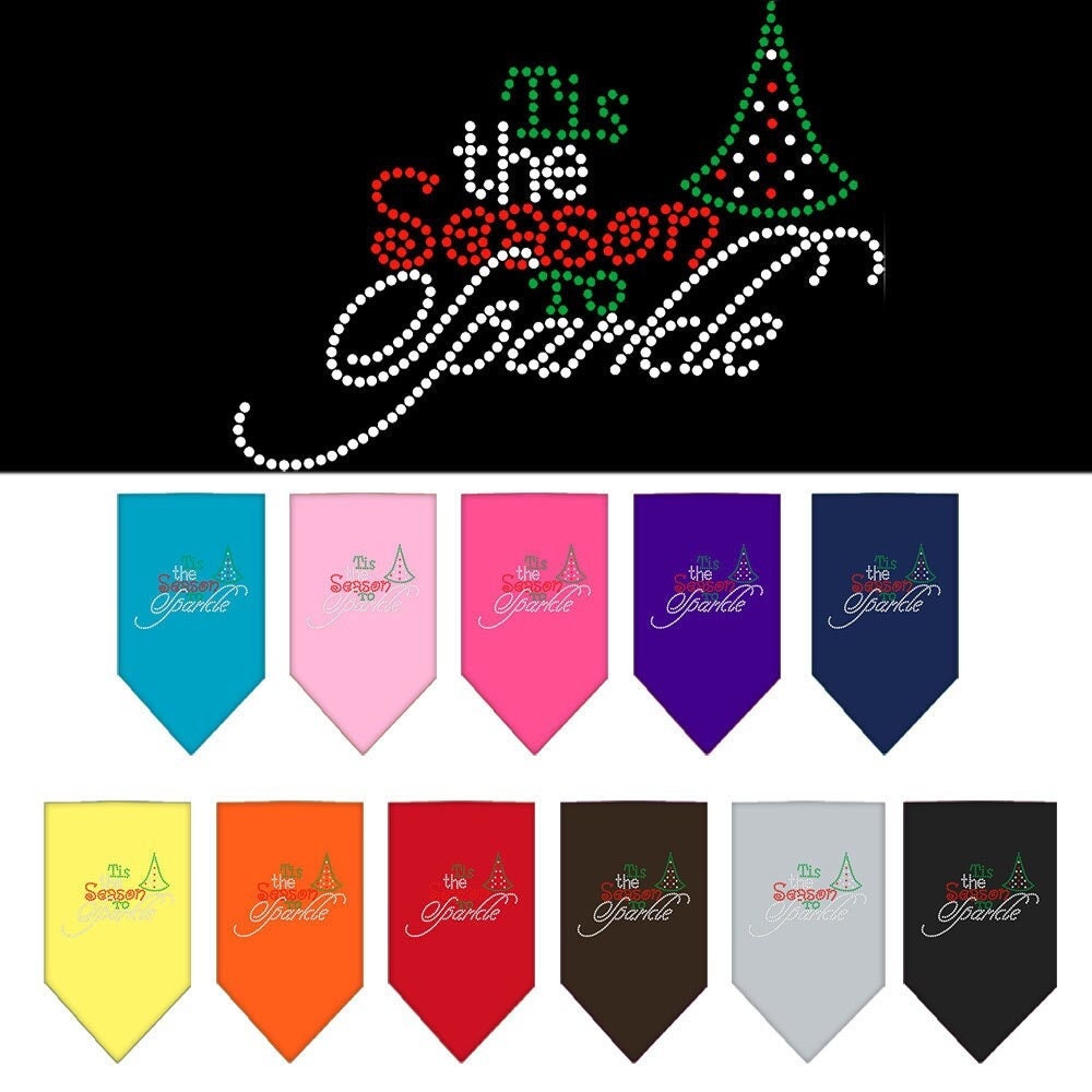 A festive Christmas pet bandana with rhinestones, featuring the phrase 'Tis The Season To Sparkle', designed for dogs in a vibrant holiday theme.