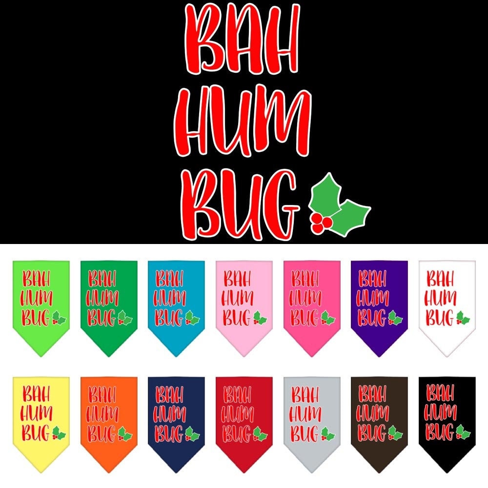 A festive Christmas pet bandana featuring the phrase 'Bah Humbug', designed for dogs, available in small and large sizes.