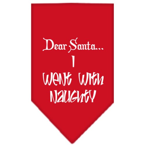 A festive Christmas dog bandana featuring the text 'Dear Santa... I Went With Naughty', designed for pets to wear during the holiday season.